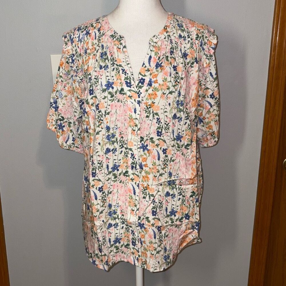 Tommy Hilfiger short sleeve smocked yoke top v-neck floral size L NEW